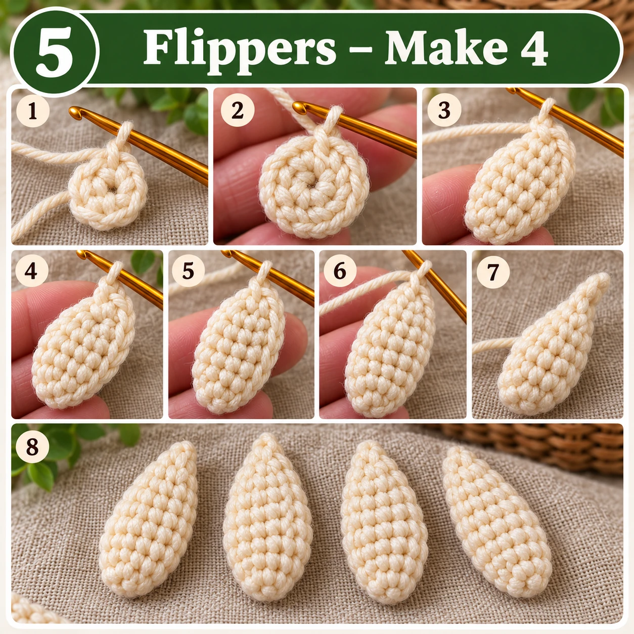 Crochet turtle flippers step by step make four