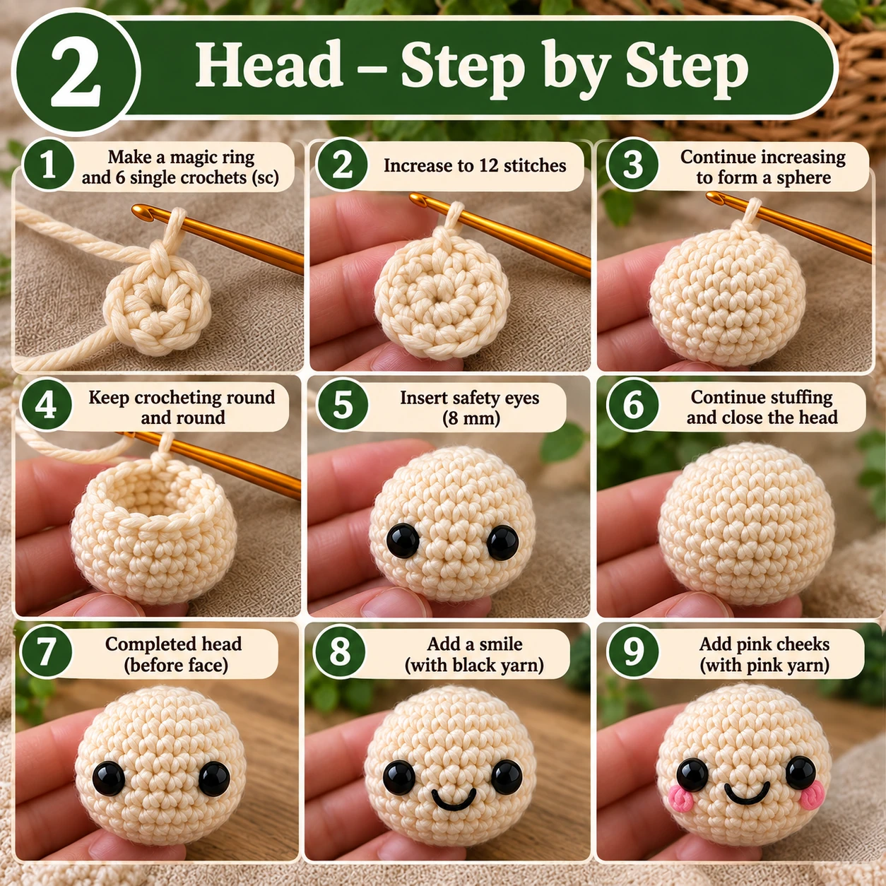 Crochet turtle head step by step with safety eyes smile and pink cheeks
