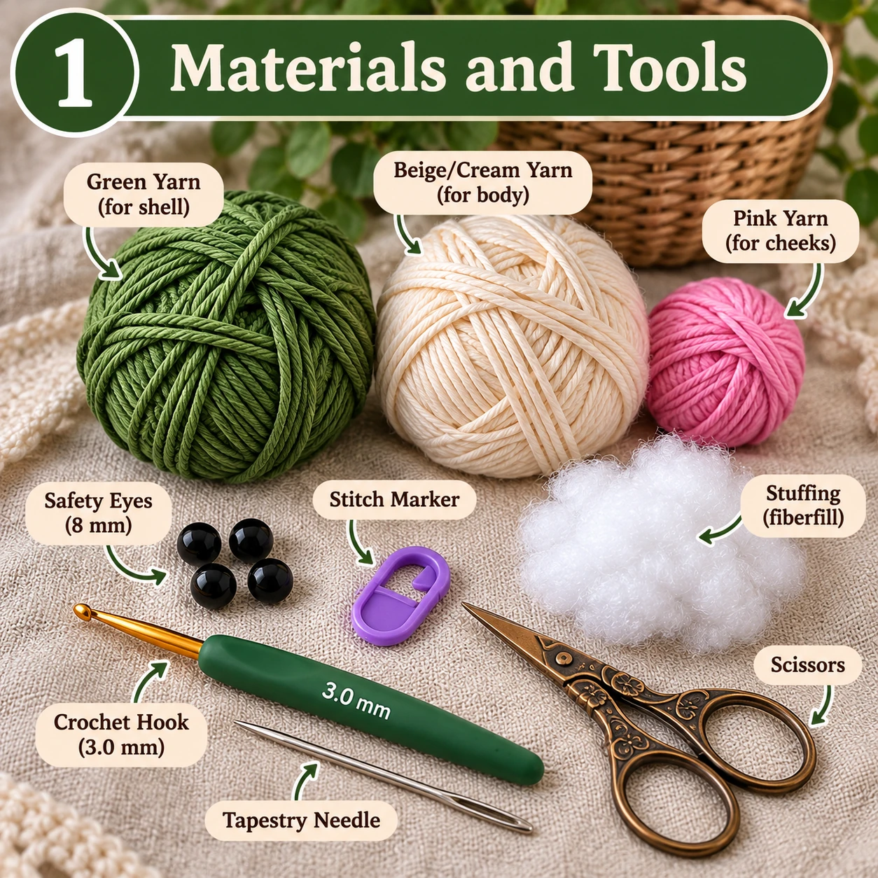 Materials and tools for mini crochet turtle pattern