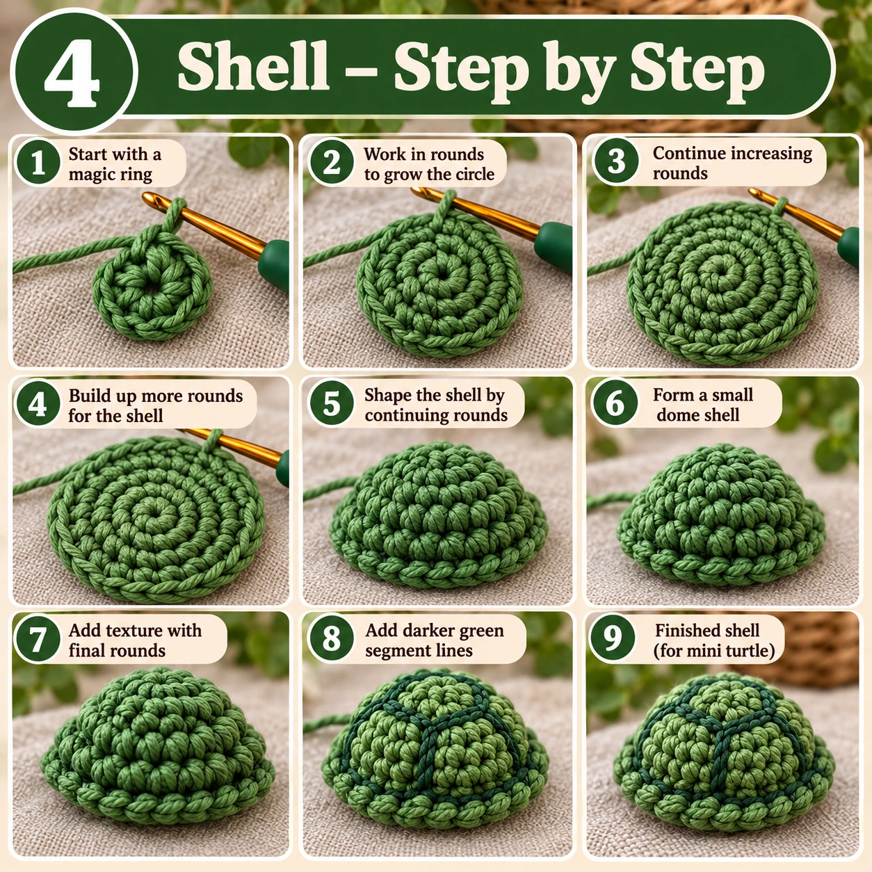 Crochet turtle shell step by step in green yarn