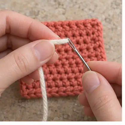 Cream yarn tail being threaded through a blunt tapestry needle