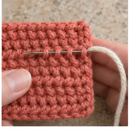 Blunt needle passing behind several coral crochet stitch posts