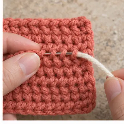 Cream yarn tail pulled through the back of a coral crochet swatch