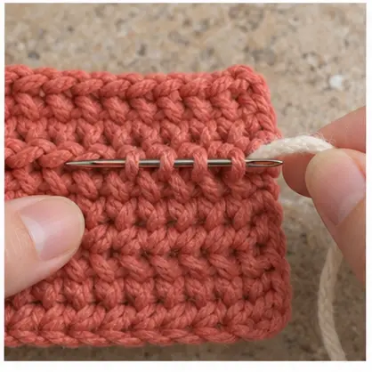 Third securing pass of a yarn tail through crochet fabric