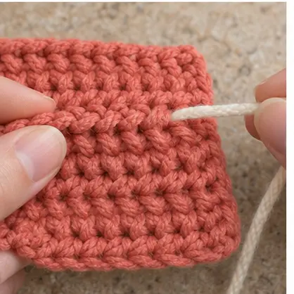 Scissors trimming a woven yarn tail close to crochet fabric