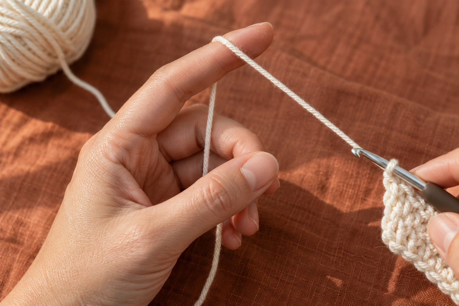 Left hand guiding crochet yarn over the index finger for even tension