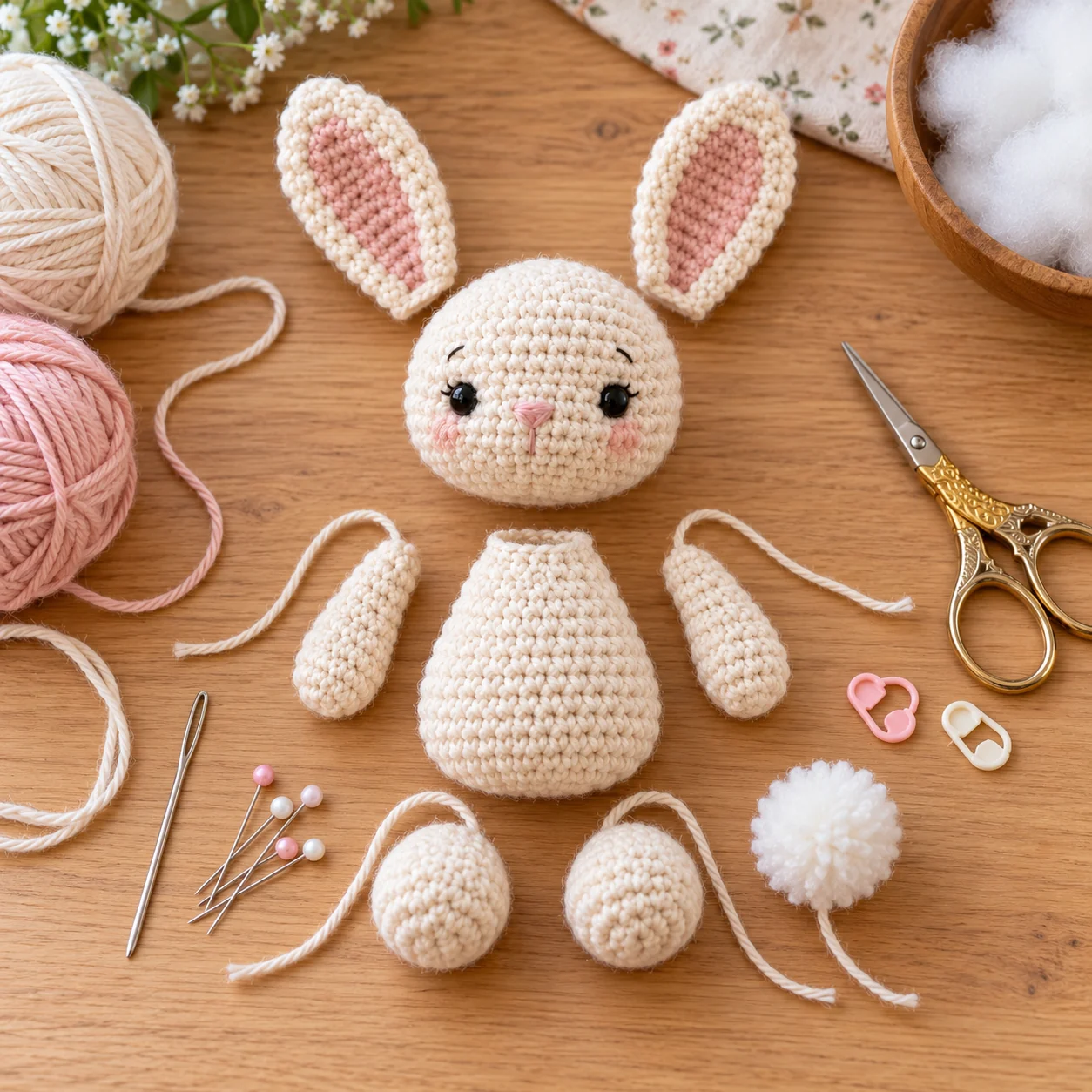 Amigurumi pieces and sewing tools arranged for assembly