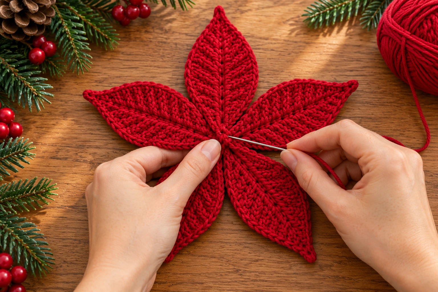 Arranging five large red crochet petals