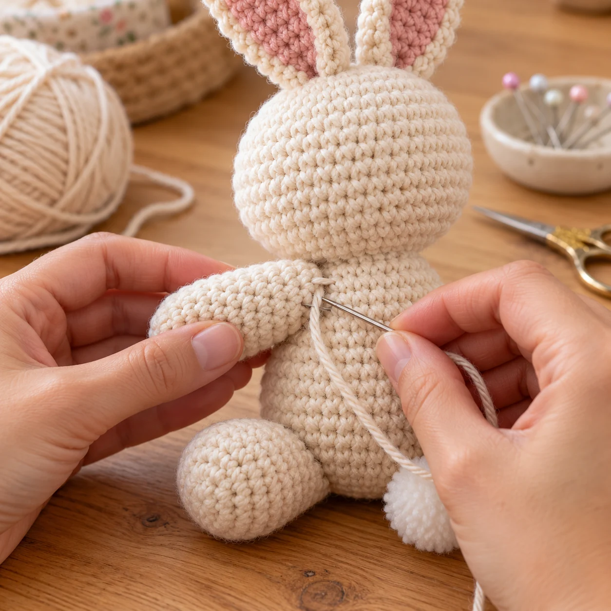 Sewing an amigurumi arm onto the body with matching yarn