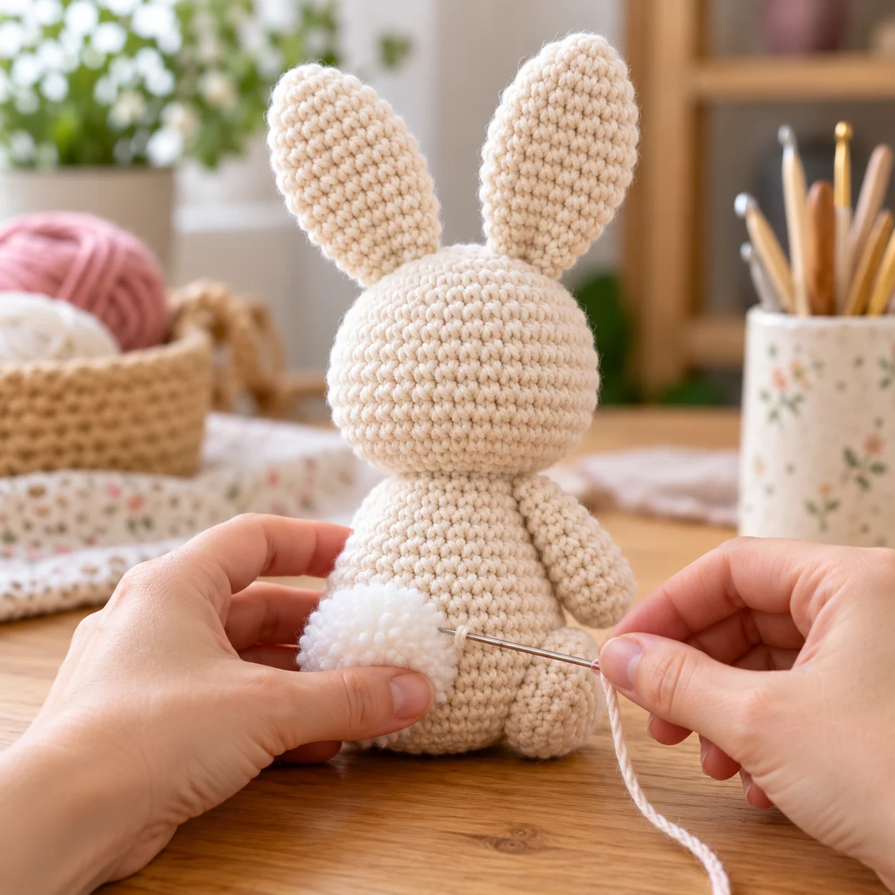 Sewing a fluffy tail onto the back of an amigurumi bunny