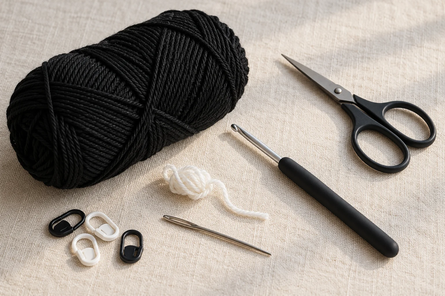 Black and white yarn with crochet tools for spider applique