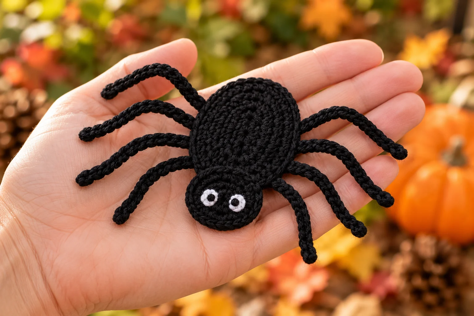 Black crochet spider applique resting on an open hand