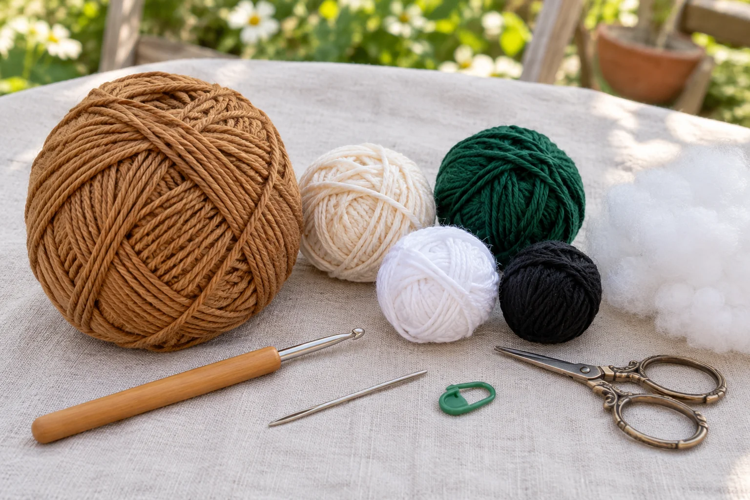 Caramel, cream, white, green and black yarn with tools for a crochet gingerbread bear