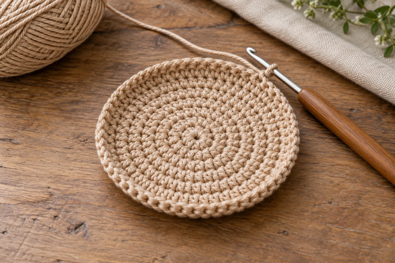 Circular tan crochet base for an acorn drawstring pouch