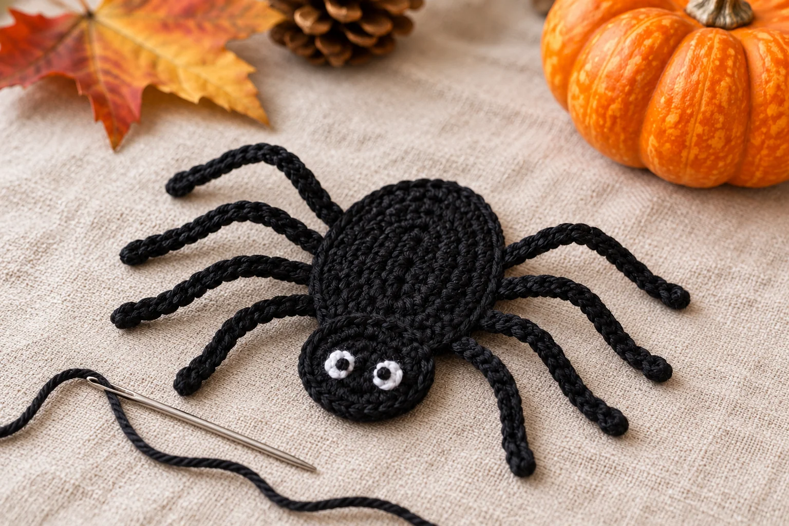 Completed crochet spider applique beside tapestry needle
