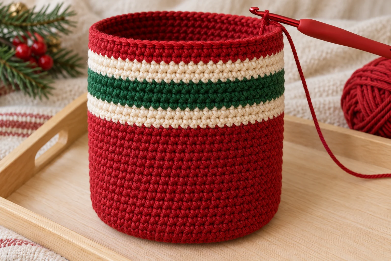 Cream and green stripes on red crochet bag