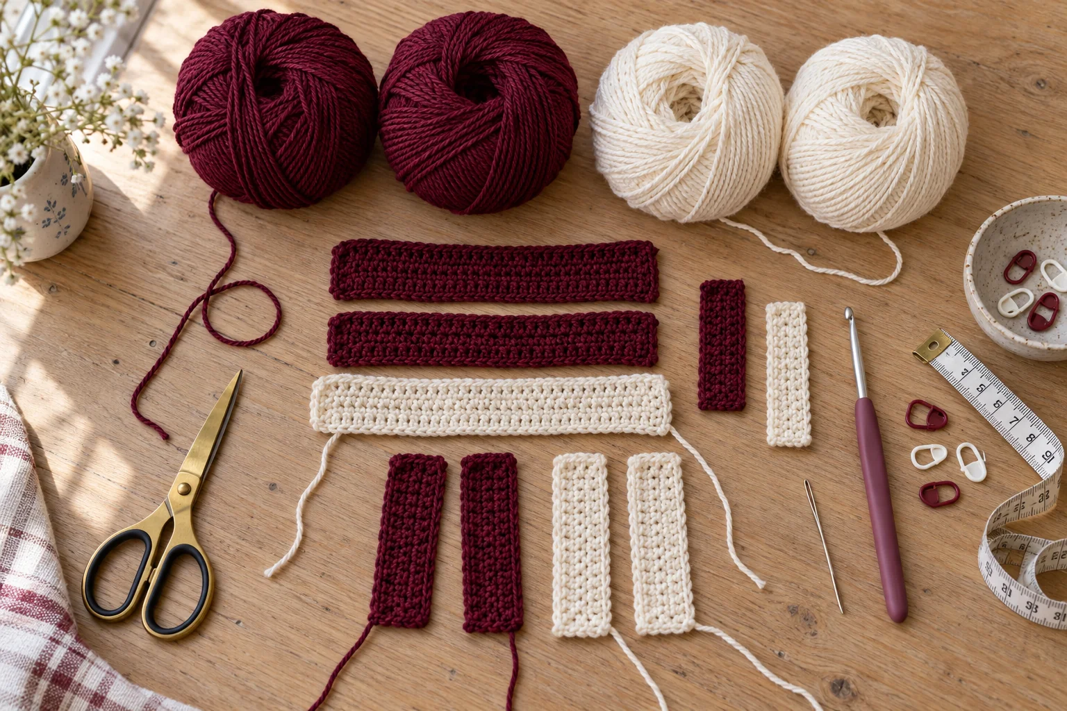 Burgundy and ivory yarn, crochet tools, and sample strips