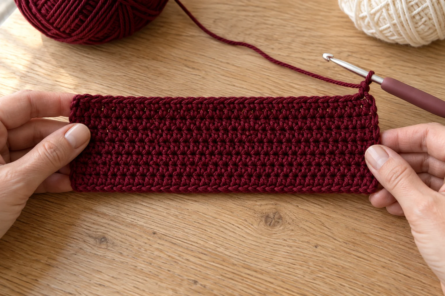 Hands holding a flat burgundy crochet bow band