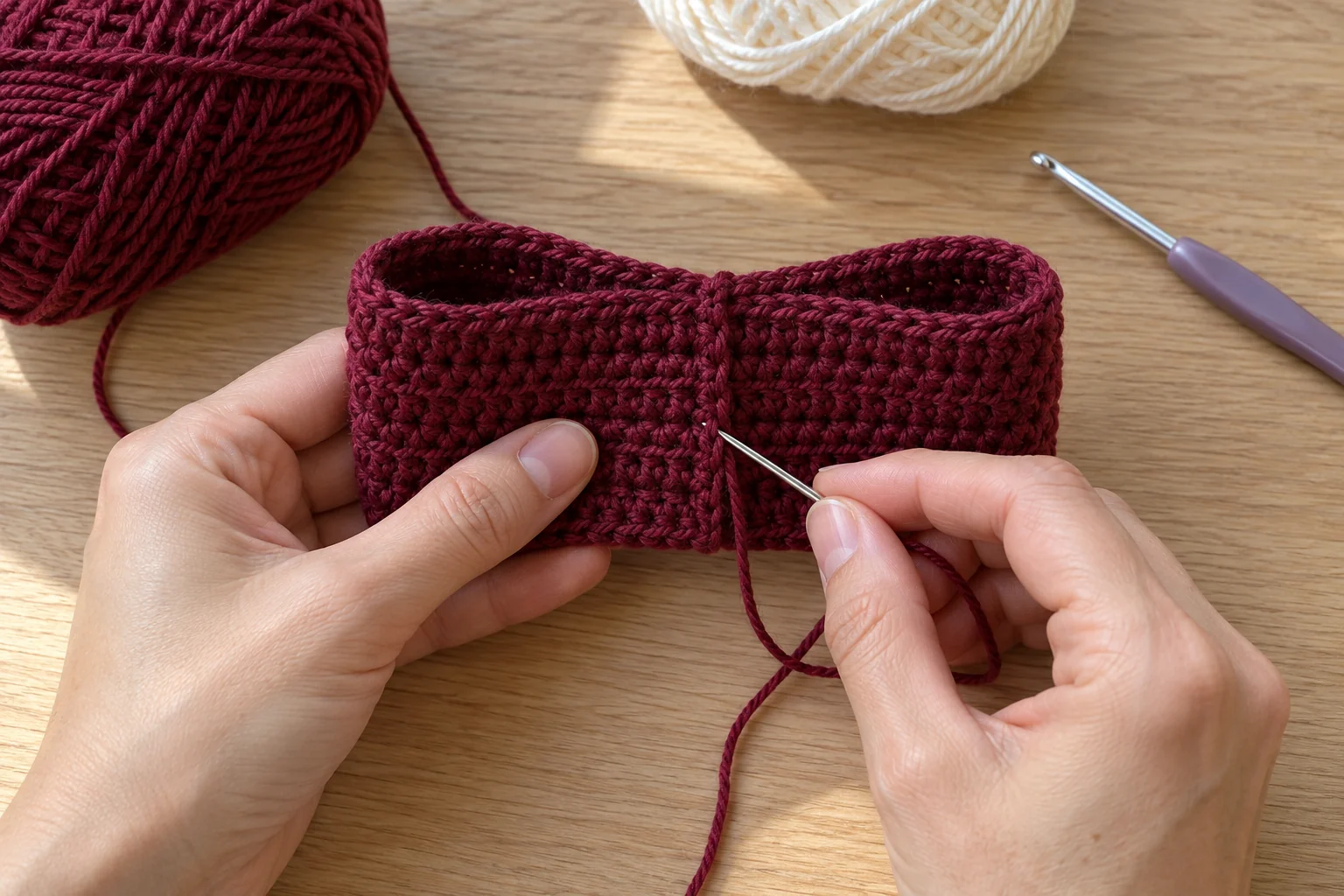 Sewing the short ends of a crochet band together