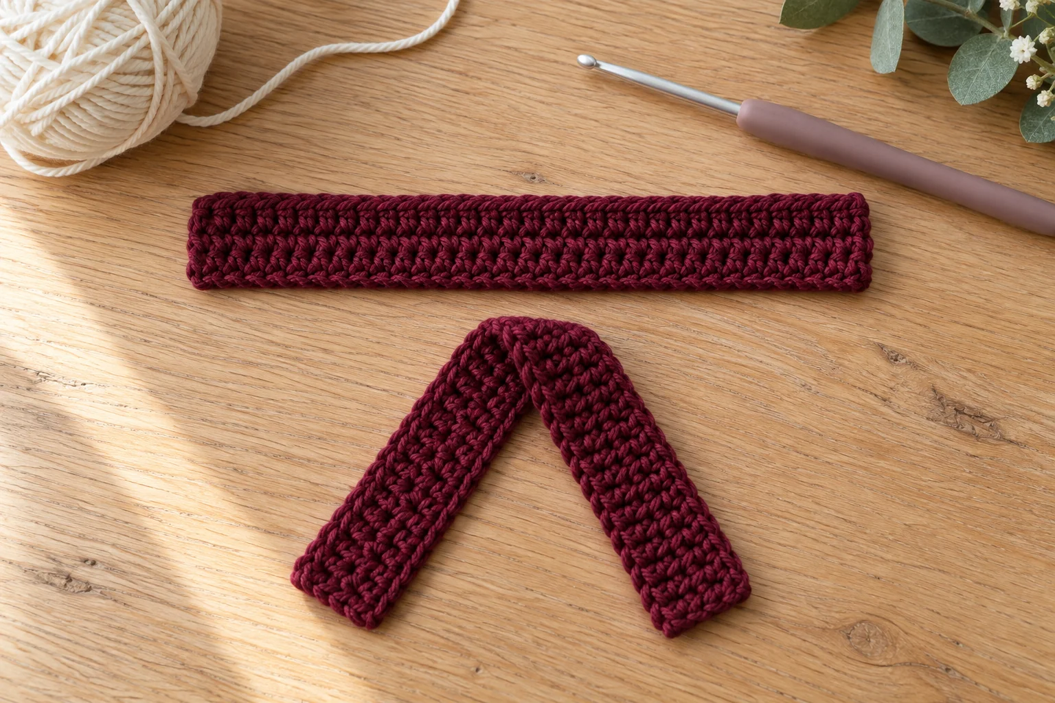 Straight crochet tail strip folded into an inverted V