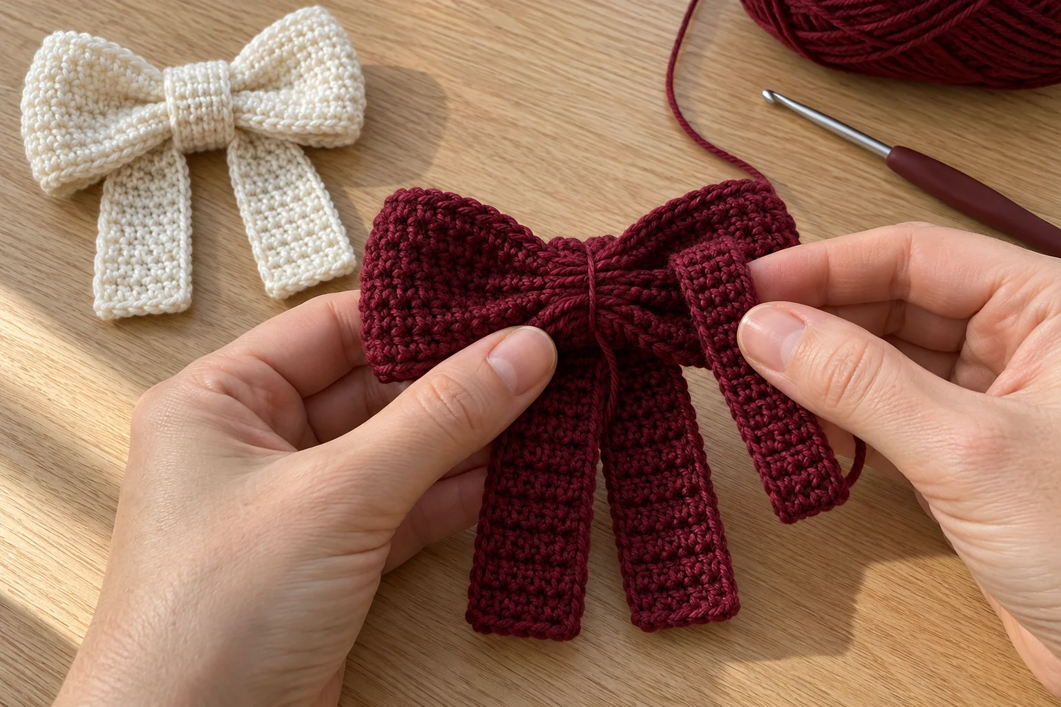 Gathering the bow loops and tails before adding the center wrap