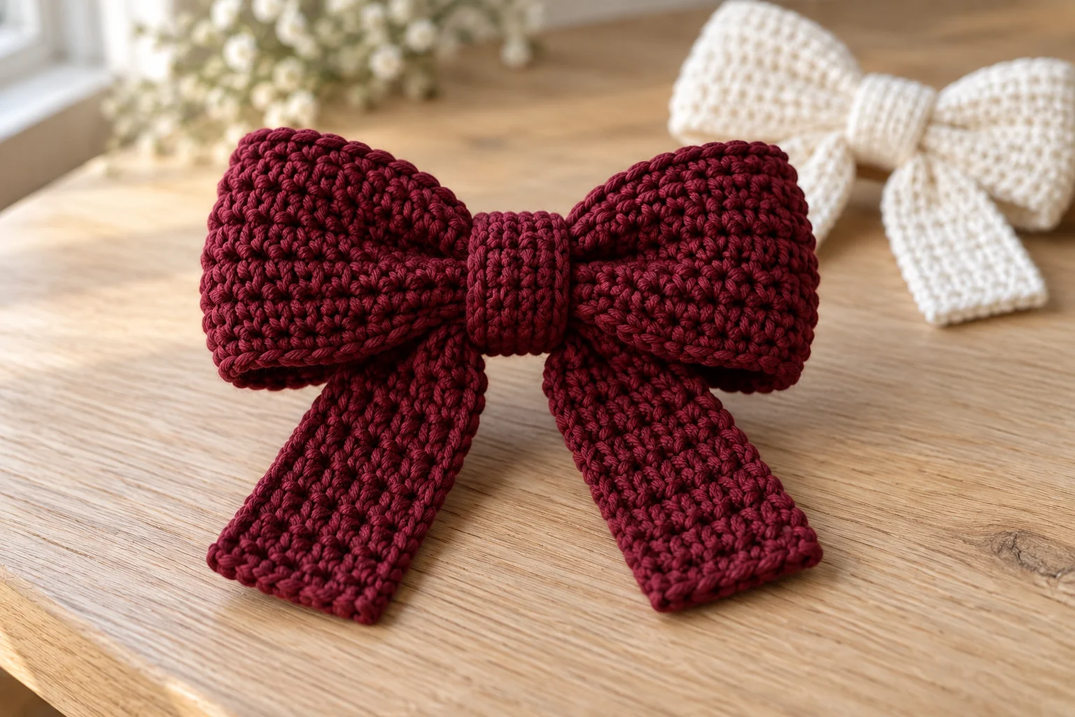 Completed burgundy crochet bow with straight tails
