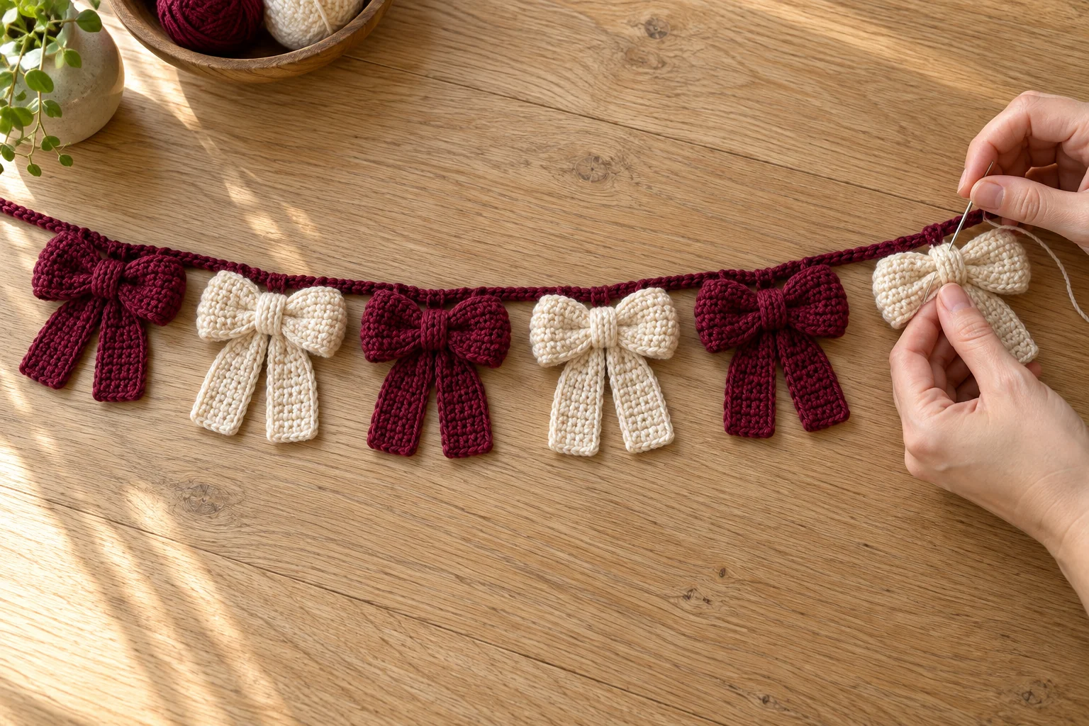 Attaching an ivory crochet bow to the burgundy garland cord