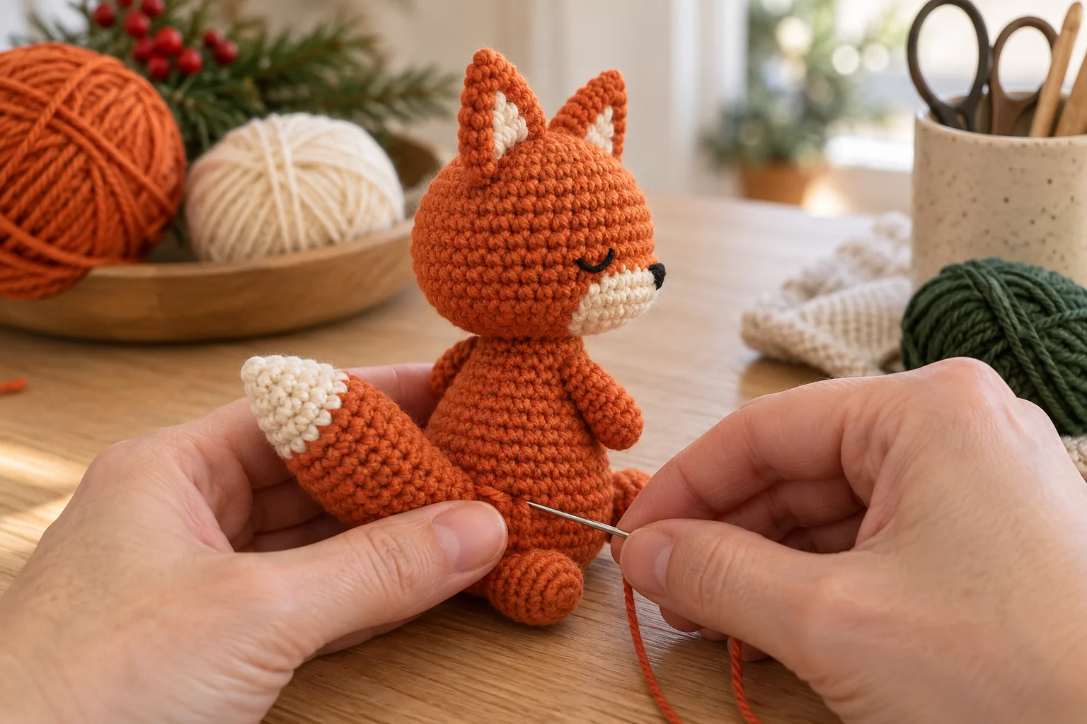 Attaching the cream-tipped tail to the lower back of the crochet fox