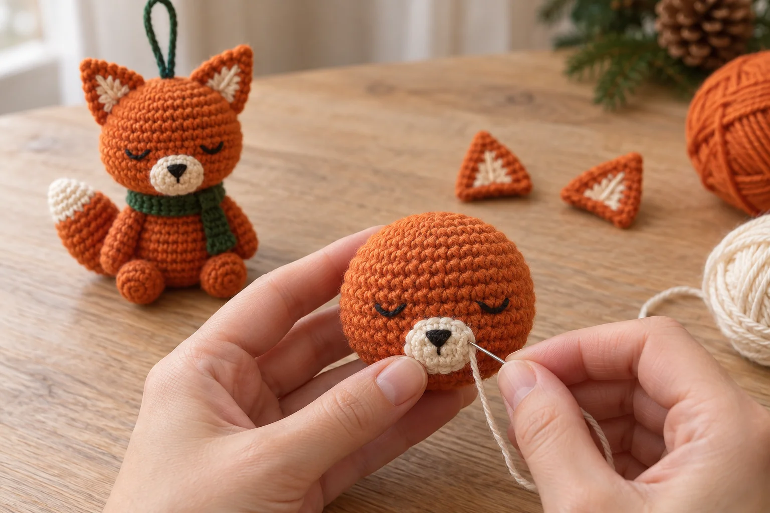 Sewing a cream muzzle onto the fox head with embroidered closed eyes