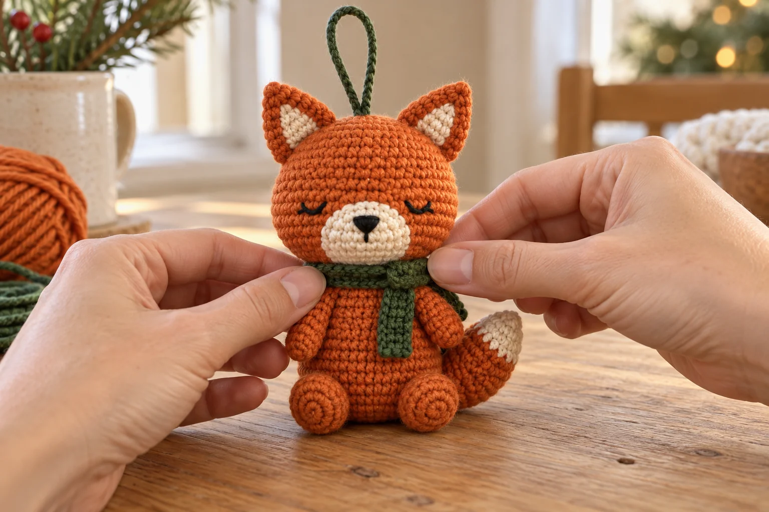 Arranging the green scarf on the completed orange crochet fox ornament