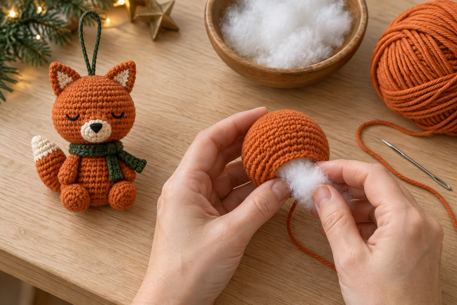 Adding fiberfill to the open orange crochet fox head