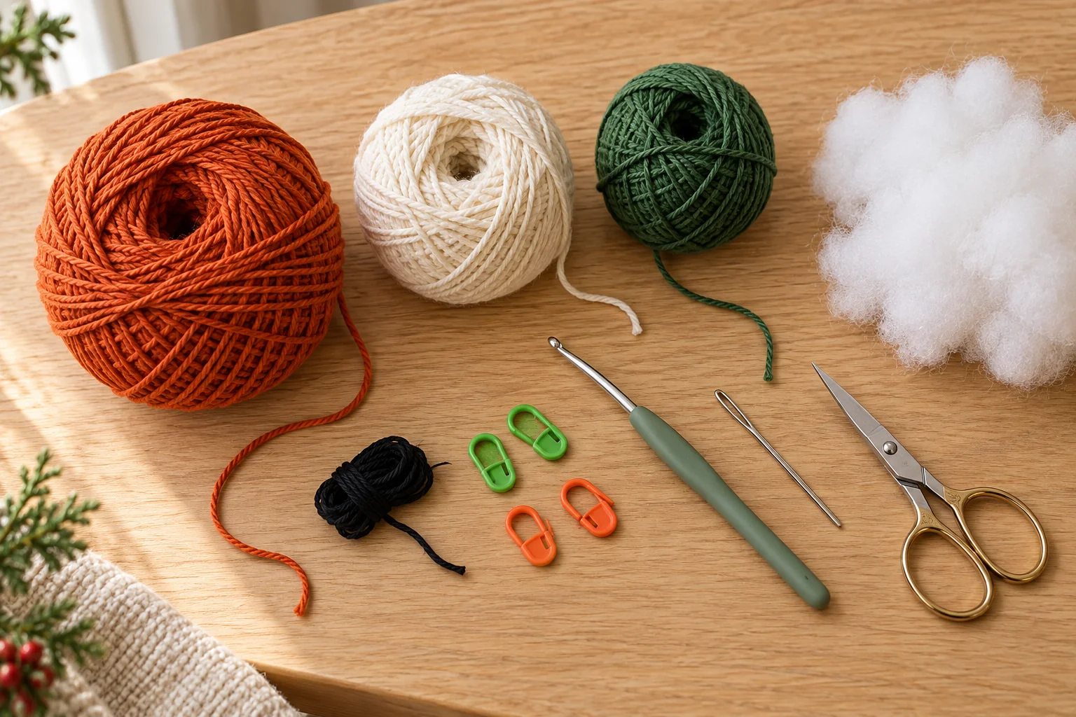 Orange, cream, and green yarn with embroidery thread and crochet supplies