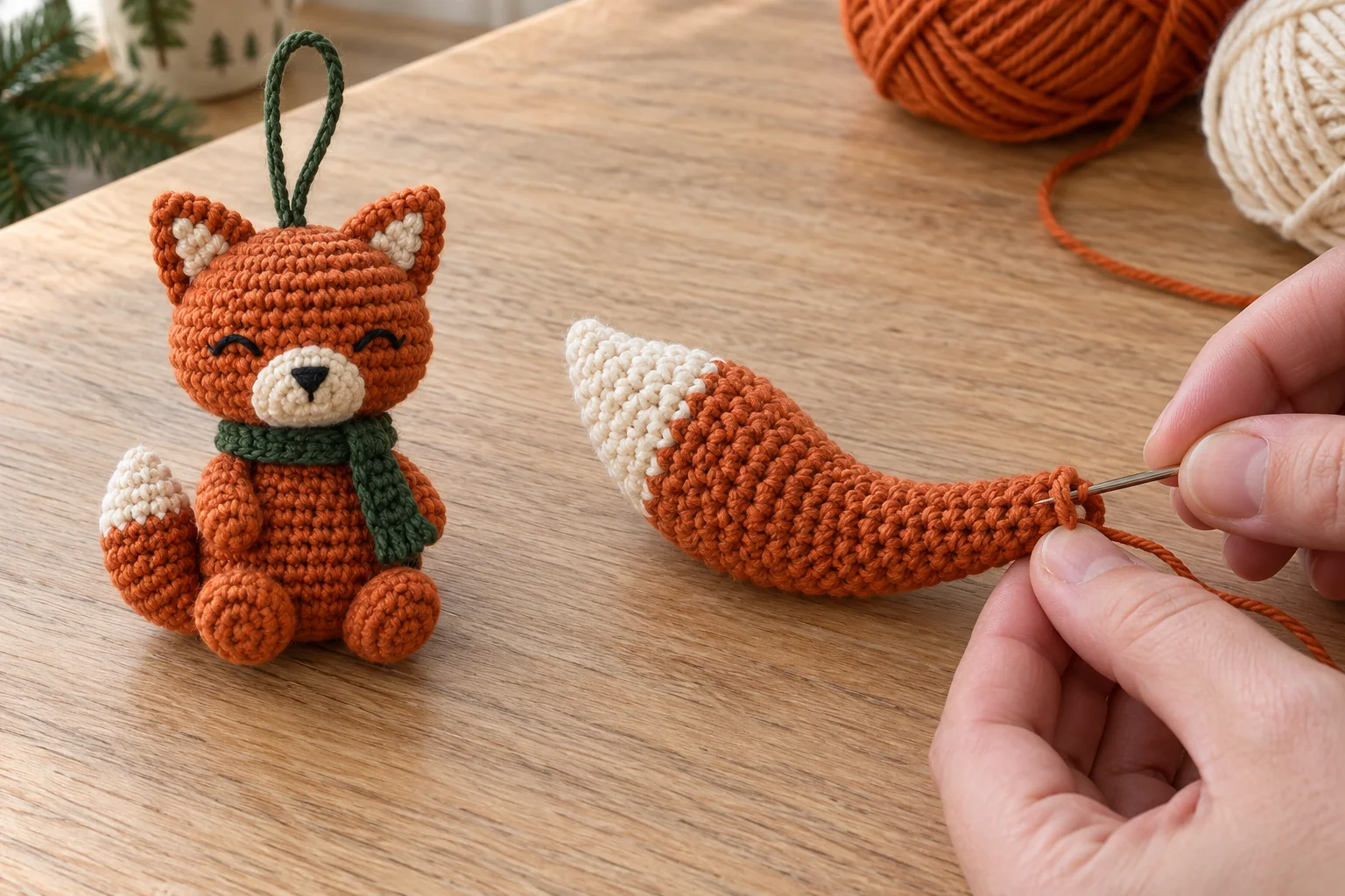 Separate curved orange crochet fox tail with a cream tip