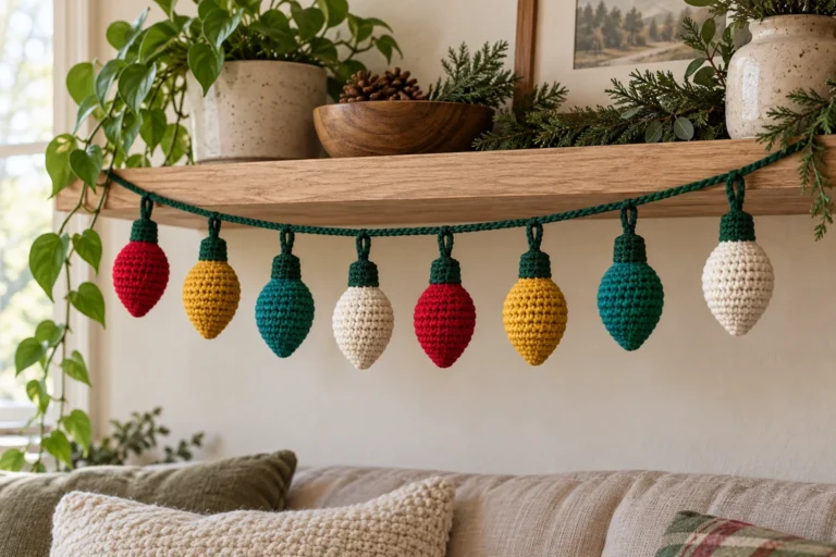 Eight colorful crochet Christmas light bulbs hanging from a dark green cord