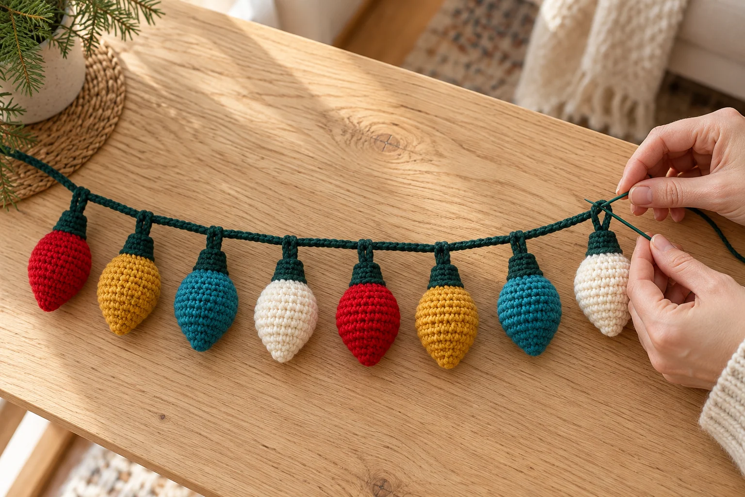 Attaching eight red, gold, teal, and ivory crochet bulbs to a green chain