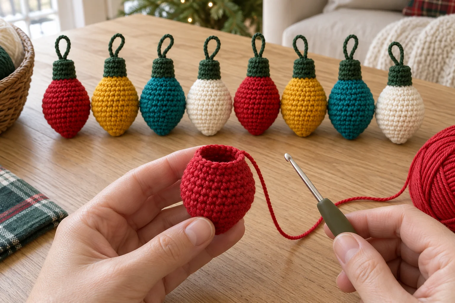 Open red crochet light bulb body before adding stuffing