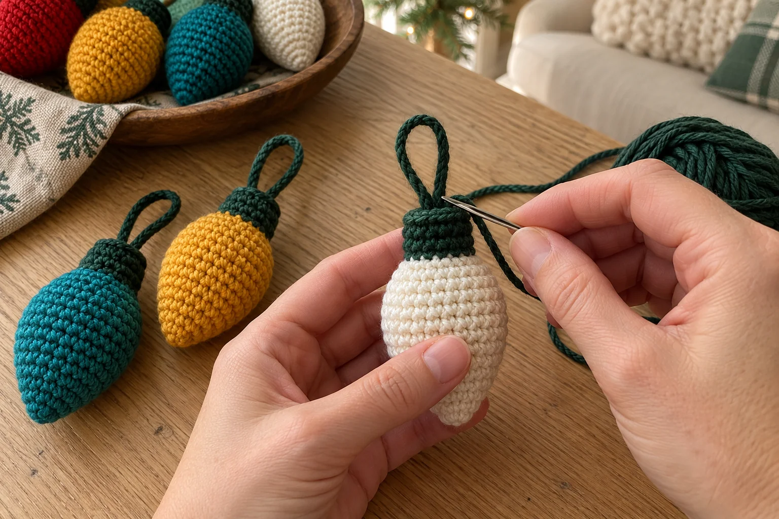 Sewing a green hanging loop to an ivory crochet bulb