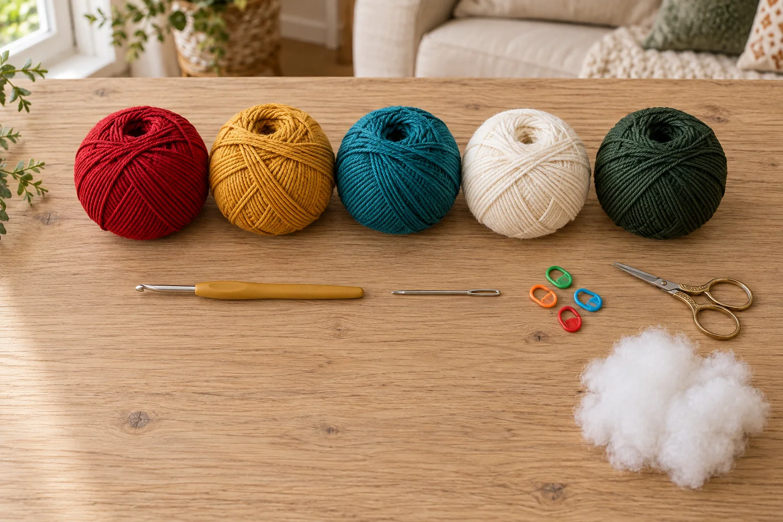 Cotton yarn in five colors, crochet tools, stitch markers, and fiberfill