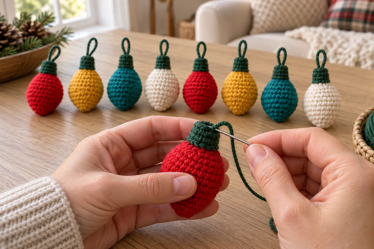 Closing the dark green crochet socket at the top of a red bulb