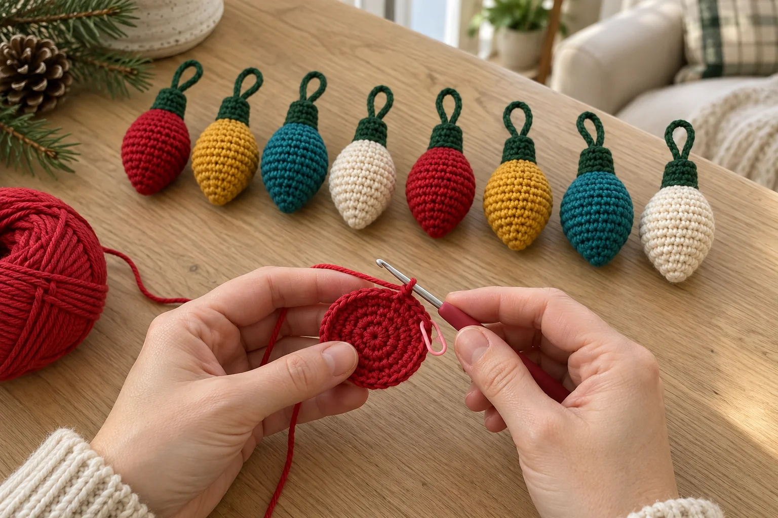 Hands crocheting the red circular base of a miniature light bulb