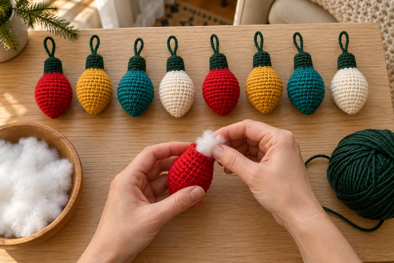 Adding small tufts of fiberfill to a red crochet light bulb