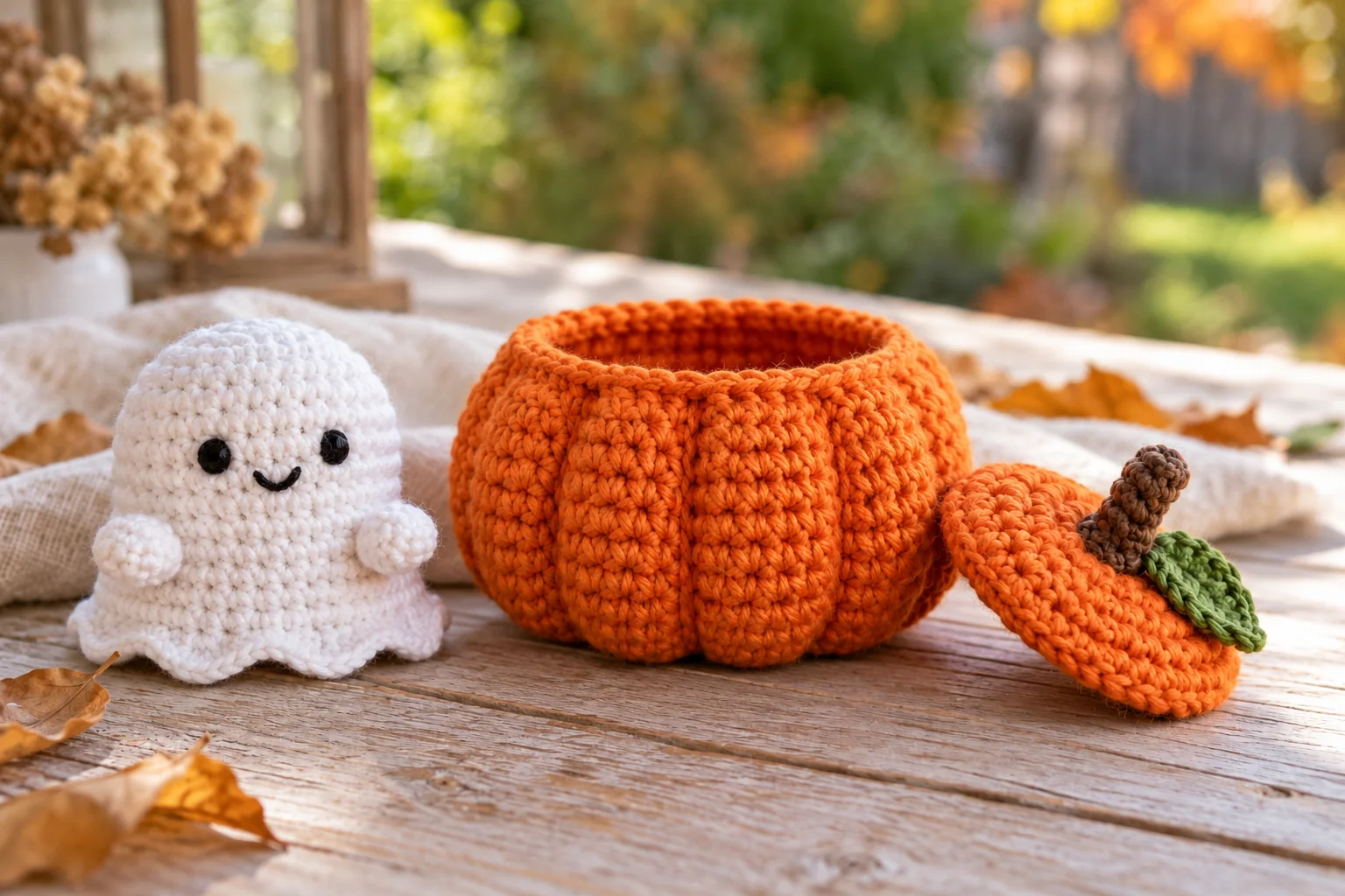 Crochet ghost in a pumpkin: completed pieces
