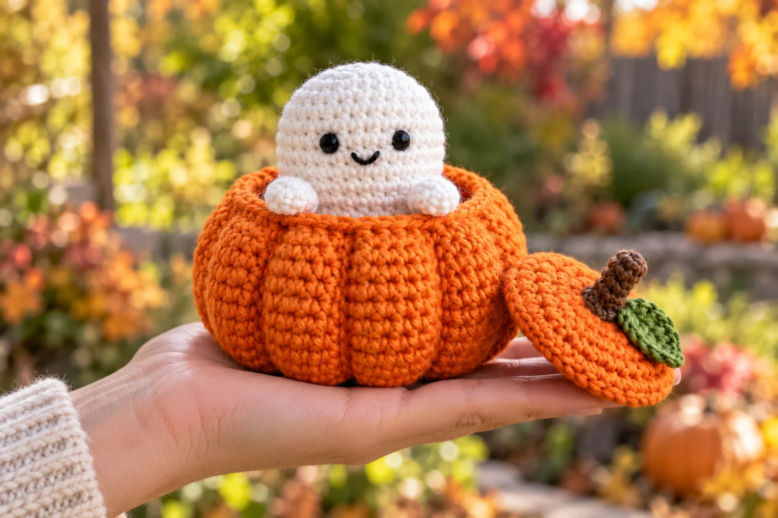 Crochet ghost in a pumpkin: finished handheld
