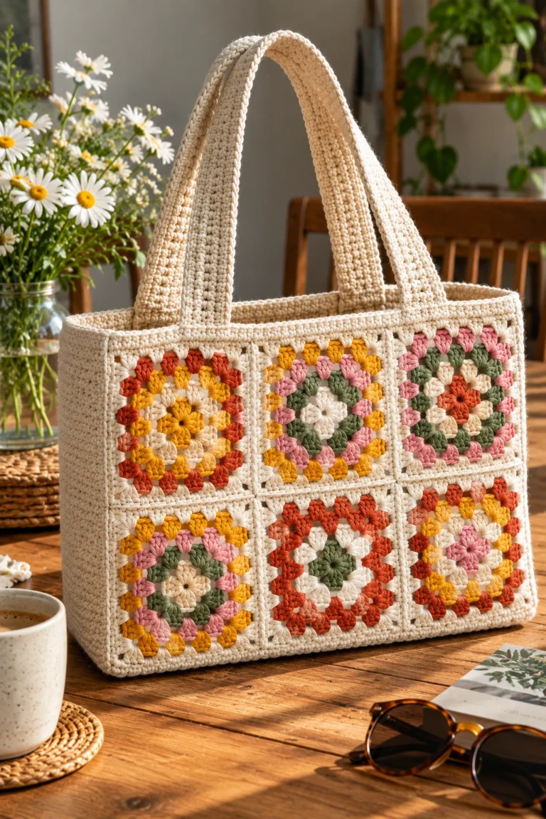 Finished crochet granny square tote bag with colorful square motifs