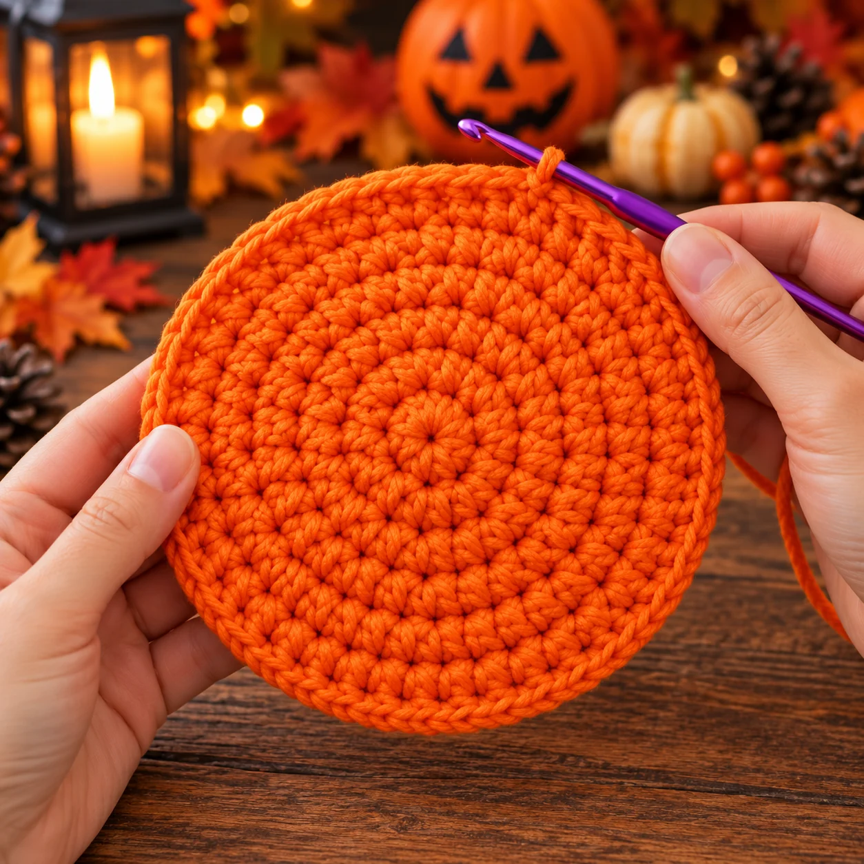 Flat orange crochet base for a Halloween trick-or-treat bag