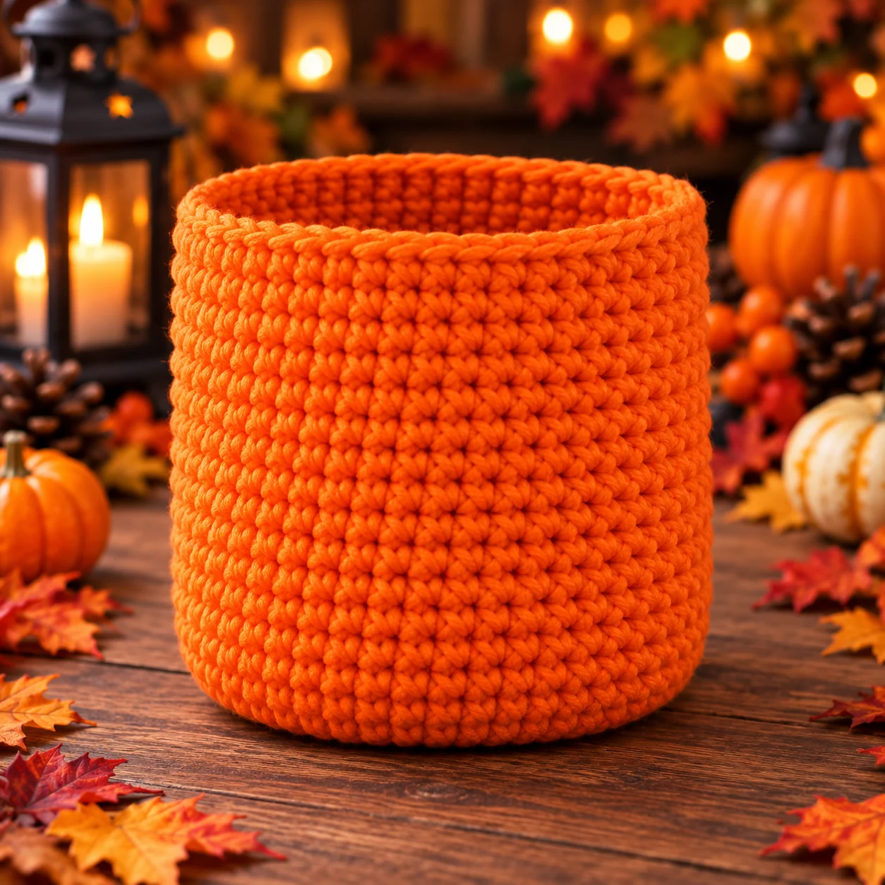 Orange crochet trick-or-treat bag body before adding details