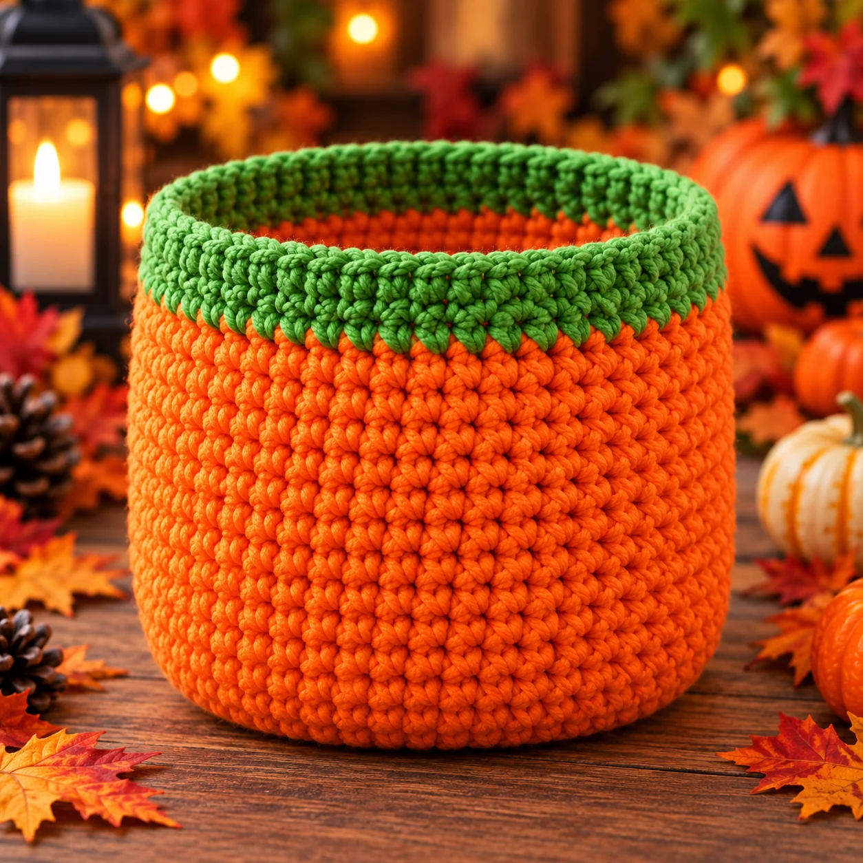 Orange crochet Halloween bag with a green top band