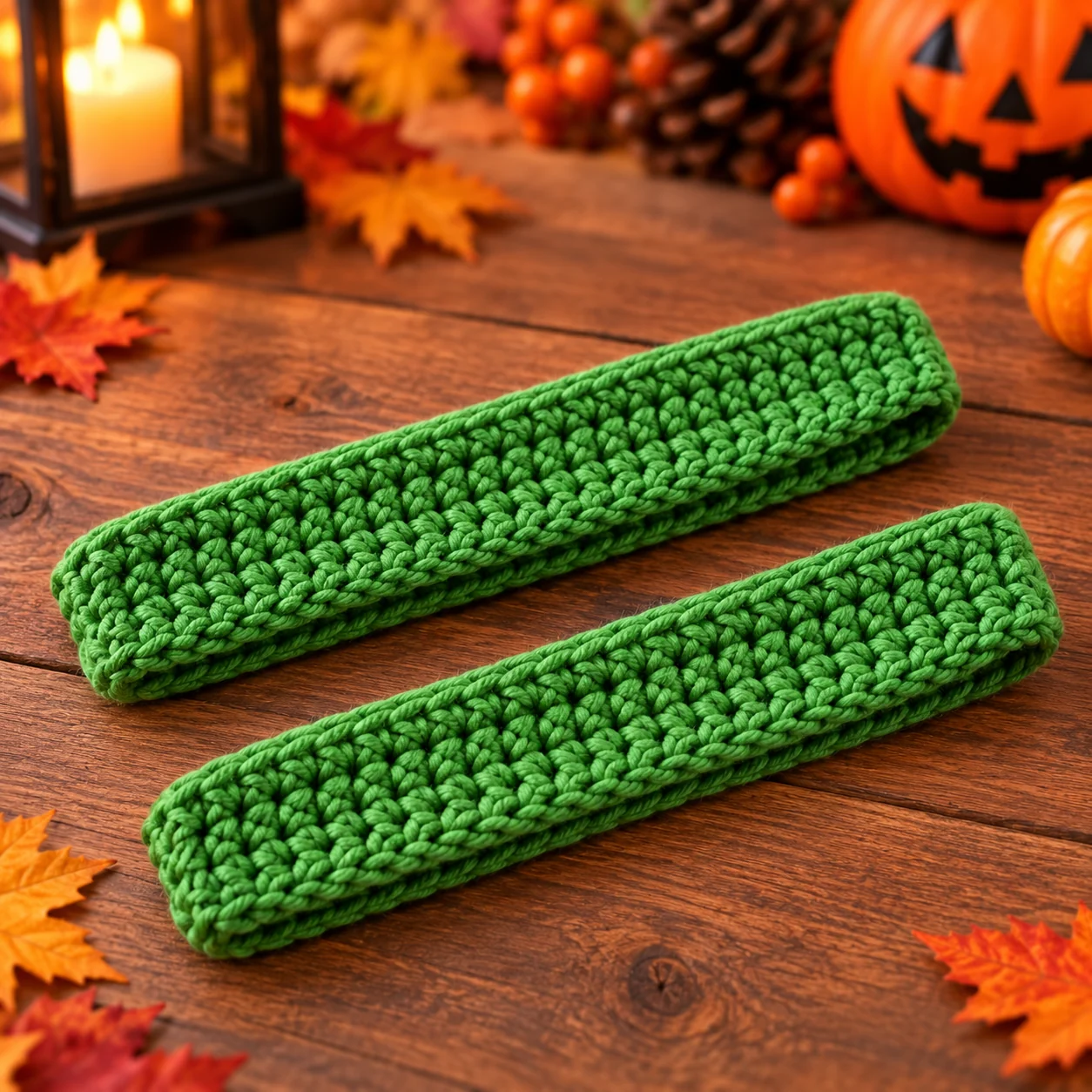 Two sturdy green crochet handles for a Halloween candy bag