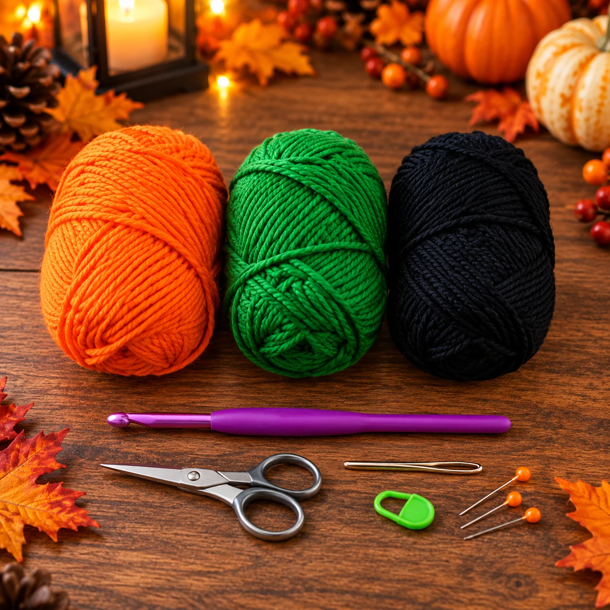 Orange green and black yarn with tools for a crochet Halloween bag