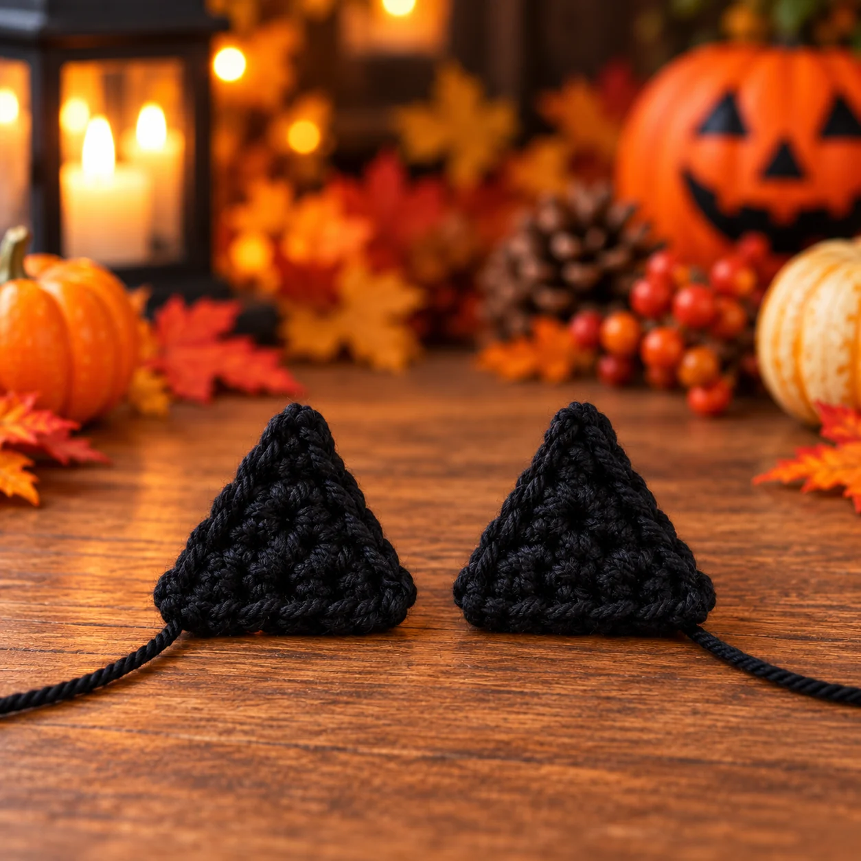 Two black crochet triangle eyes for a jack-o-lantern bag